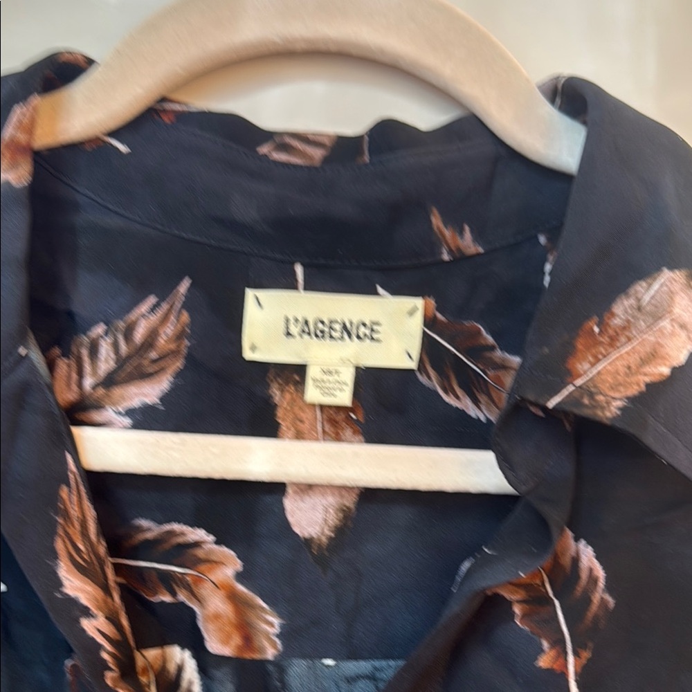 L'AGENCE Black and Tan Silk Feather Pattern Blouse